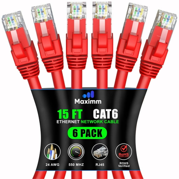 Maximm Cat 6 Ethernet Cable 15 ft (6-Pack) - High-Speed LAN Cable, Internet Cable, Patch Cable, and Network Cable - UTP, 10Gbps, 550MHz Ethernet Cord - Red