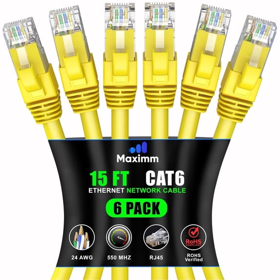 Maximm Cat6 Ethernet Cable 6-Pack 15 ft – CCA LAN Network Patch Cords, RJ45, Yellow