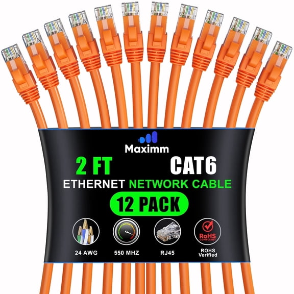 Maximm Cat6 Ethernet Cable 12-Pack 2 ft – CCA LAN Network Patch Cords, RJ45, Orange