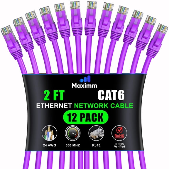 Maximm Cat 6 Ethernet Cable - 2 ft (12-Pack), High-Speed LAN, Internet, Patch, Network Cable - UTP, 10Gbps, 550MHz - Purple