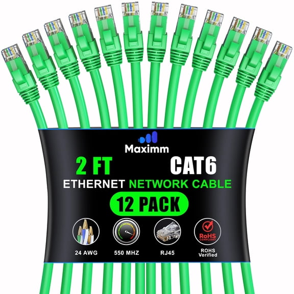 Maximm Cat 6 Ethernet Cable - 2 ft (12-Pack) - High-Speed LAN, Internet, Patch, and Network Cable - UTP, 10Gbps, 550MHz Ethernet Cord - Green