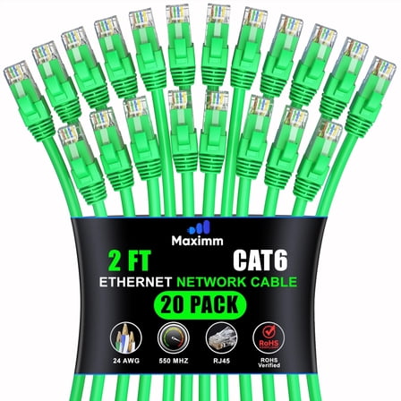 Maximm Cat6 Ethernet Cable 20-Pack 2 ft – CCA LAN Network Patch Cords, RJ45, Green