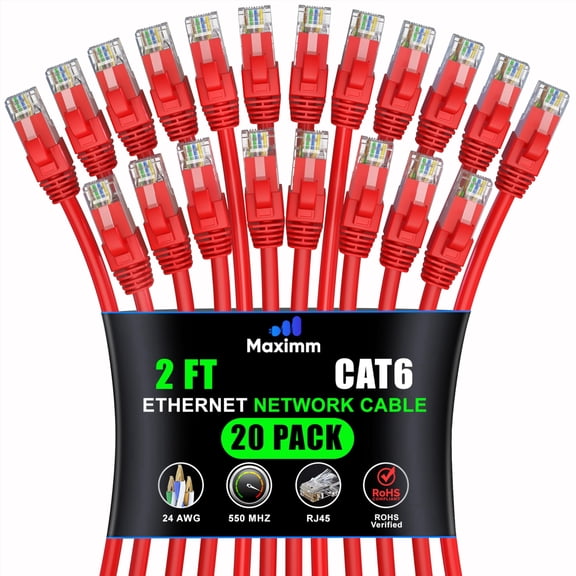 Maximm Cat6 Ethernet Cable 2 ft, 10Gbps 550MHz High-Speed UTP Patch Cord, Red, 20-Pack