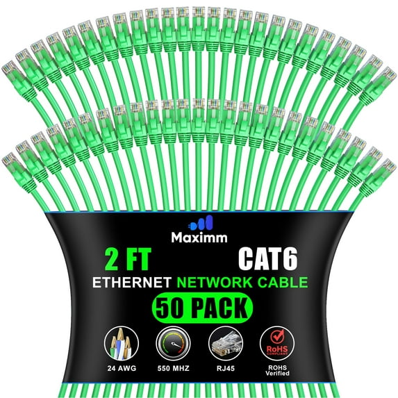 Maximm Cat 6 Ethernet Cable - 2 ft (50-Pack) - High-Speed LAN, Internet, Patch, and Network Cable - UTP, 10Gbps, 550MHz Ethernet Cord - Green