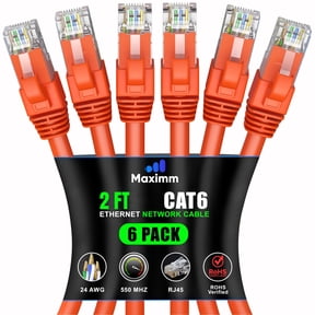 Maximm Cat 6 Ethernet Cable 2 ft (6-Pack) - High-Speed LAN Cable, Internet Cable, Patch Cable, and Network Cable - UTP, 10Gbps, 550MHz Ethernet Cord - Orange