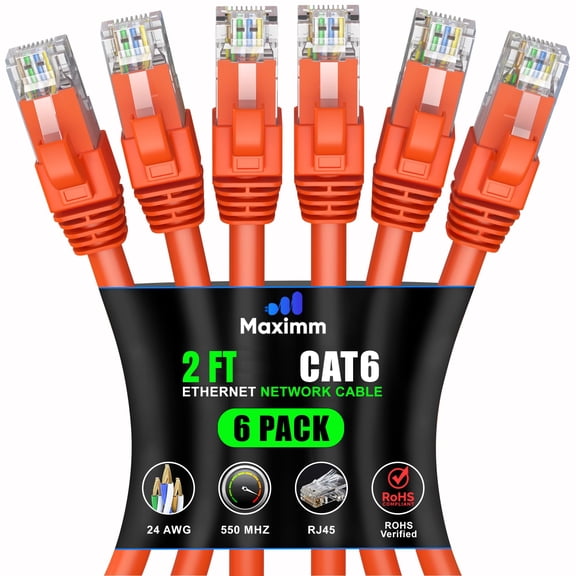 Maximm Cat 6 Ethernet Cable 2 ft (6-Pack) - High-Speed LAN Cable, Internet Cable, Patch Cable, and Network Cable - UTP, 10Gbps, 550MHz Ethernet Cord - Orange