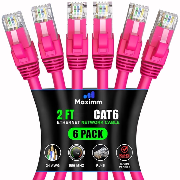 Maximm Cat 6 Ethernet Cable 2 ft (6-Pack) - High-Speed LAN Cable, Internet Cable, Patch Cable, and Network Cable - UTP, 10Gbps, 550MHz Ethernet Cord - Pink