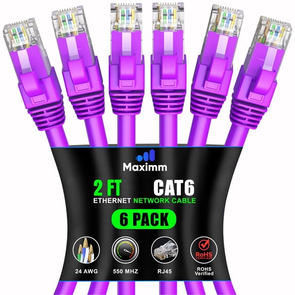 Maximm Cat 6 Ethernet Cable 2 ft (6-Pack) - High-Speed LAN Cable, Internet Cable, Patch Cable, and Network Cable - UTP, 10Gbps, 550MHz Ethernet Cord - Purple
