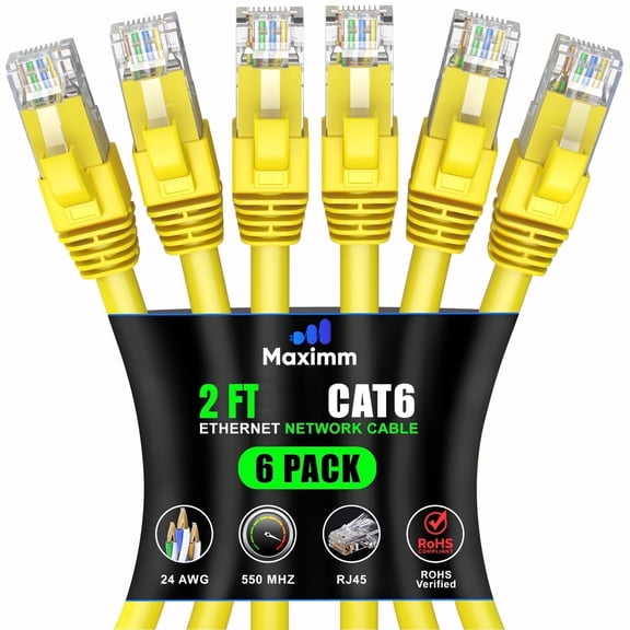 Maximm Cat6 Ethernet Cable 6-Pack 2 ft β CCA LAN Network Patch Cords, RJ45, Yellow