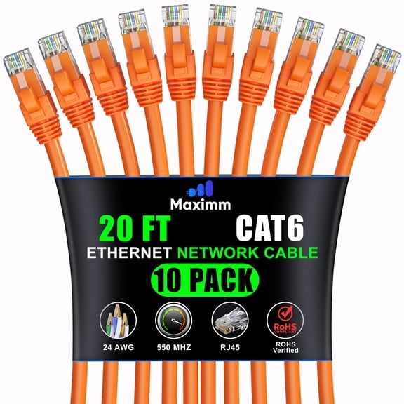 Maximm Cat 6 Ethernet Cable 20 ft (10-Pack) - High-Speed LAN Cable, Internet Cable, Patch Cable, and Network Cable - UTP, 10Gbps, 550MHz Ethernet Cord - Orange