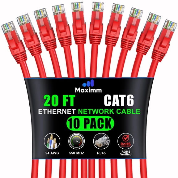 Maximm Cat 6 Ethernet Cable 20 ft (10-Pack) - High-Speed LAN Cable, Internet Cable, Patch Cable, and Network Cable - UTP, 10Gbps, 550MHz Ethernet Cord - Red