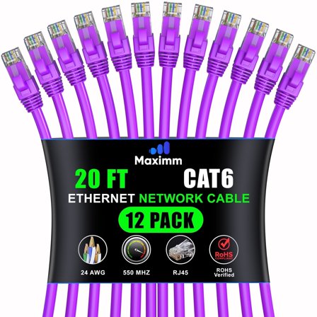Maximm Cat6 Ethernet Cable 12-Pack 20 ft – CCA LAN Network Patch Cords, RJ45, Purple