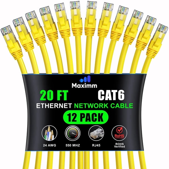 Maximm Cat 6 Ethernet Cable 20 ft, 12-Pack, High-Speed RJ45 LAN Network Cord for Gaming and Office, Yellow