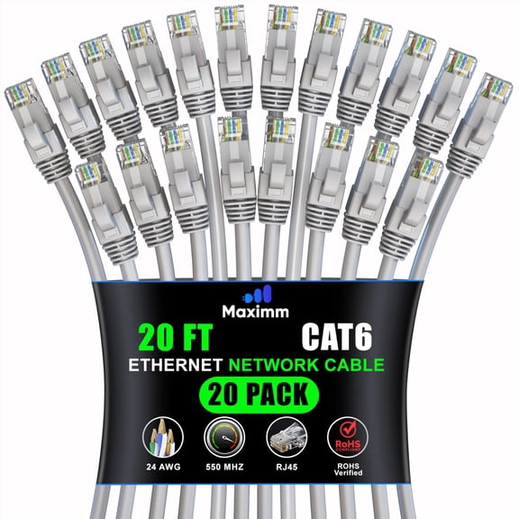 Maximm Cat 6 Ethernet Cable, 20 ft Patch Cord for High-Speed Internet, Gray, 20-Pack