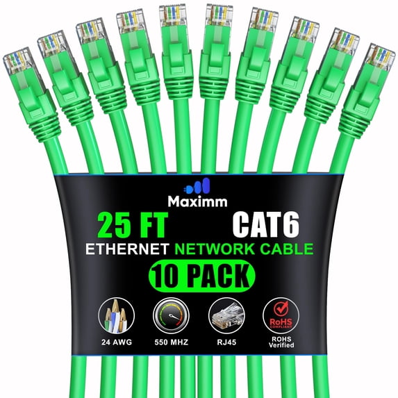 Maximm Cat 6 Ethernet Cable 25 ft (10-Pack) - High-Speed LAN Cable, Internet Cable, Patch Cable, and Network Cable - UTP, 10Gbps, 550MHz Ethernet Cord - Green