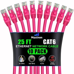 Maximm Cat6 Ethernet Cable 25 ft, 10Gbps High Speed UTP Pink LAN Network Cord, 10-Pack