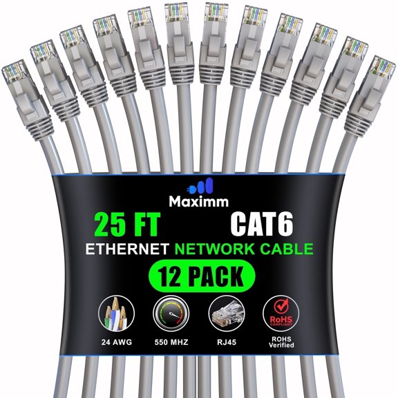 Maximm Cat6 Ethernet Cable 12-Pack 25 ft – CCA LAN Network Patch Cords, RJ45, Gray