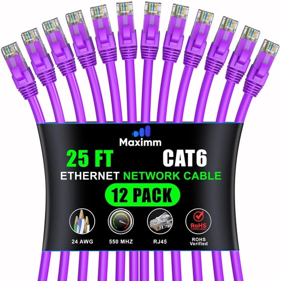 Maximm Cat 6 Ethernet Cable - High-Speed LAN, Internet, Patch & Network Cable - UTP, 10Gbps, 550MHz Ethernet Cord 12-Pack