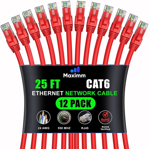 Maximm Cat 6 Ethernet Cable 25 ft (12-Pack) - High-Speed LAN Cable, Internet Cable, Patch Cable, and Network Cable - UTP 10Gbps, 550MHz Ethernet Cord - Red