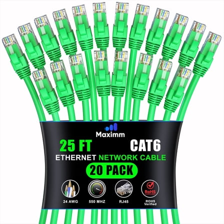 Maximm Cat6 Ethernet Cable 20-Pack 25 ft – CCA LAN Network Patch Cords, RJ45, Green