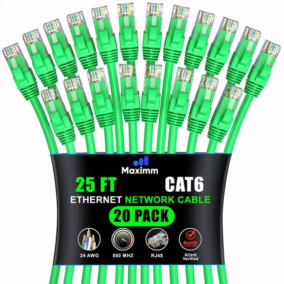 Maximm Cat 6 Ethernet Cable 25 ft (20-Pack) - High-Speed LAN Cable, Internet Cable, Patch Cable, and Network Cable - UTP, 10Gbps, 550MHz Ethernet Cord - Green