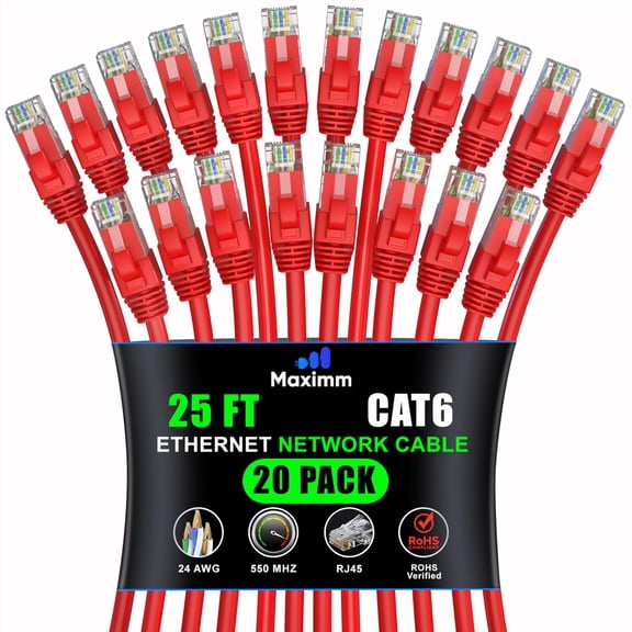 Maximm Cat 6 Ethernet Cable 25 ft (20-Pack) - High-Speed LAN Cable, Internet Cable, Patch Cable, and Network Cable - UTP, 10Gbps, 550MHz Ethernet Cord - Red