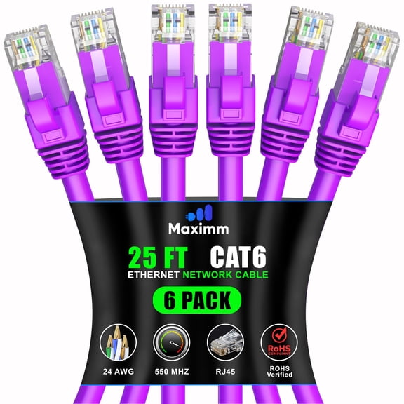 Maximm Cat 6 Ethernet Cable 25 ft (6-Pack) - High-Speed LAN Cable, Internet Cable, Patch Cable, and Network Cable - UTP, 10Gbps, 550MHz Ethernet Cord - Purple