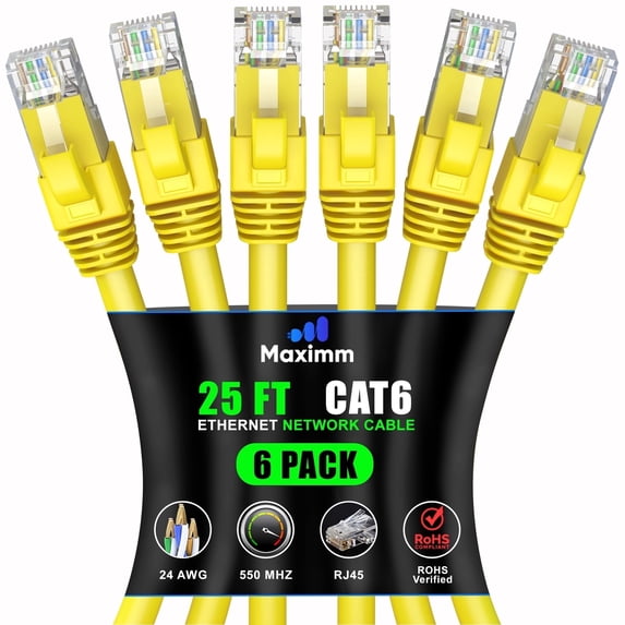 Maximm Cat6 Ethernet Cable 6-Pack 25 ft – CCA LAN Network Patch Cords, RJ45, Yellow