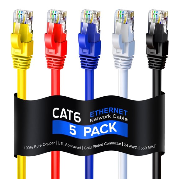 Cat 6 Ethernet Cable 3 Ft, 100% Pure Copper, Cat6 Cable (5 Pack) LAN Cable, Internet Cable, Patch Cable and Network Cable - UTP (Multicolor) 3 Feet