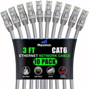 Maximm Cat 6 Ethernet Cable 3 ft 10-Pack - High-Speed LAN Cable, Internet Cable, Patch Cable, and Network Cable - UTP, 10Gbps, 550MHz Ethernet Cord - Gray