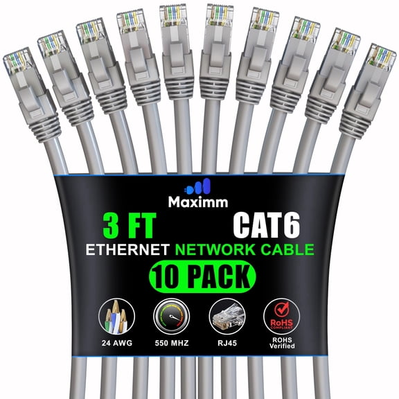 Maximm Cat 6 Ethernet Cable 3 ft (10-Pack) - High-Speed LAN Cable, Internet Cable, Patch Cable, and Network Cable - UTP, 10Gbps, 550MHz Ethernet Cord - Gray