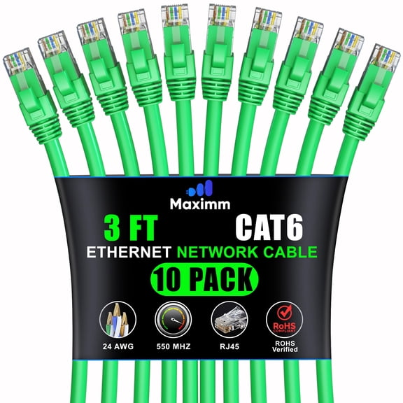 Maximm Cat 6 Ethernet Cable 3 ft (10-Pack) - High-Speed LAN Cable, Internet Cable, Patch Cable, and Network Cable - UTP, 10Gbps, 550MHz Ethernet Cord - Green
