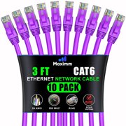 Maximm Cat 6 Ethernet Cable, 3 ft 10-Pack, 10Gbps 550MHz UTP Network Patch Cord, Purple
