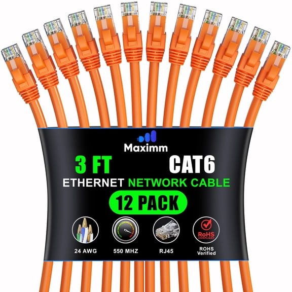 Maximm Cat 6 Ethernet Cable - 3 ft (12-Pack) - High-Speed LAN, Internet, Patch, and Network Cable - UTP, 10Gbps, 550MHz Ethernet Cord - Orange