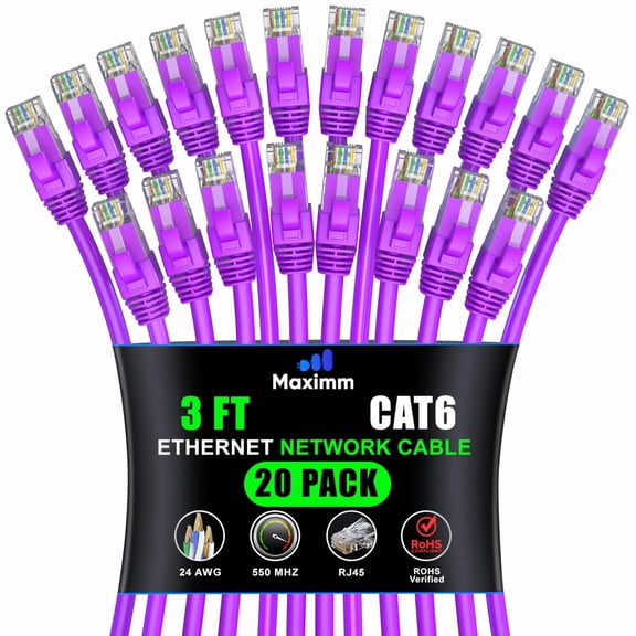 Maximm Cat 6 Ethernet Cable, 3 ft, High-Speed LAN Network Patch Cord, Purple, 20-Pack