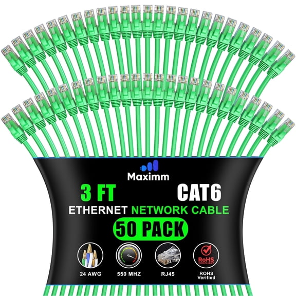 Maximm Cat6 Ethernet Cable 50-Pack 20 ft – CCA LAN Network Patch Cords, RJ45, Green