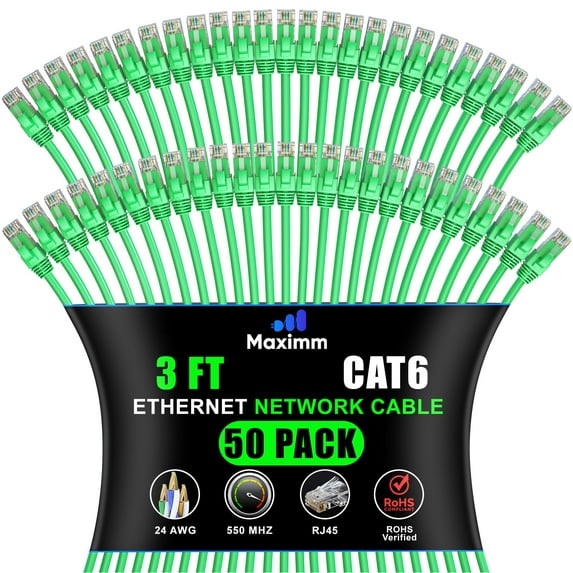 Maximm Cat 6 Ethernet Cable - 3 ft (50-Pack) - High-Speed LAN, Internet, Patch, and Network Cable - UTP, 10Gbps, 550MHz Ethernet Cord - Green