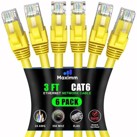 Maximm Cat 6 Ethernet Cable 3 ft (6-Pack) - High-Speed LAN Cable, Internet Cable, Patch Cable, and Network Cable - UTP, 10Gbps, 550MHz Ethernet Cord - Yellow