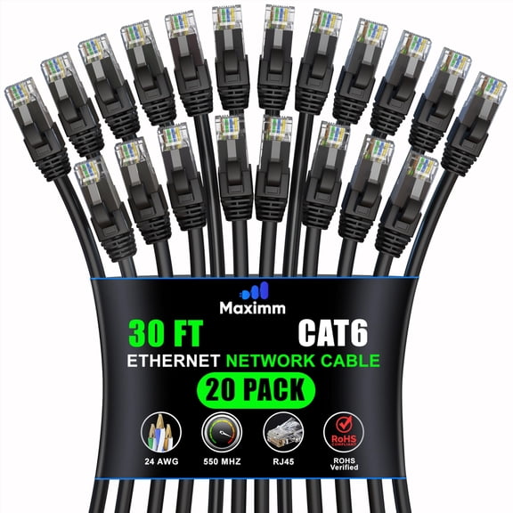 Maximm Cat 6 Ethernet Cable 30 ft (20-Pack) - High-Speed LAN Cable, Internet Cable, Patch Cable, and Network Cable - UTP, 10Gbps, 550MHz Ethernet Cord - Black