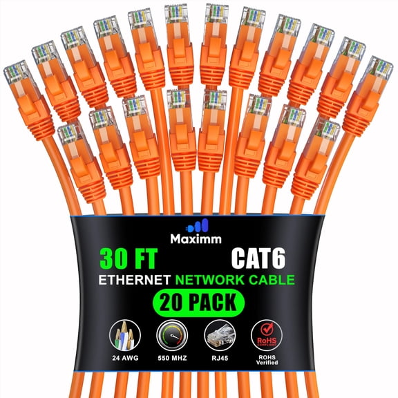 Maximm Cat 6 Ethernet Cable 30 ft (20-Pack) - High-Speed LAN Cable, Internet Cable, Patch Cable, and Network Cable - UTP, 10Gbps, 550MHz Ethernet Cord - Orange