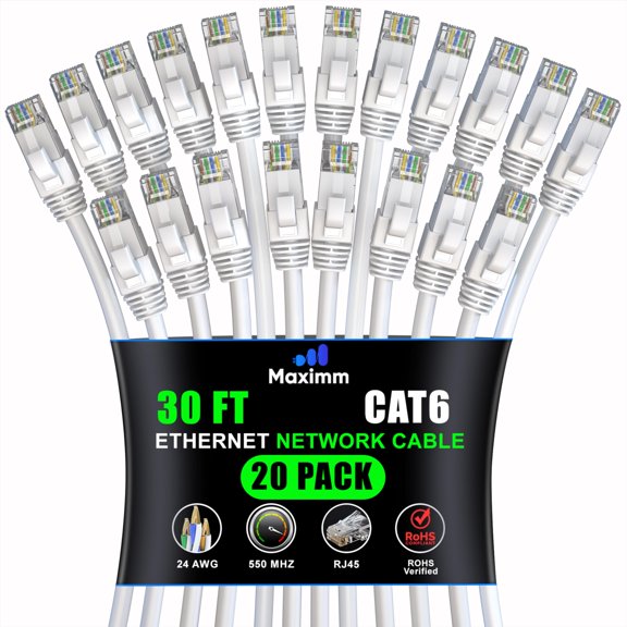 Maximm Cat 6 Ethernet Cable 30 ft (20-Pack) - High-Speed LAN Cable, Internet Cable, Patch Cable, and Network Cable - UTP, 10Gbps, 550MHz Ethernet Cord - White