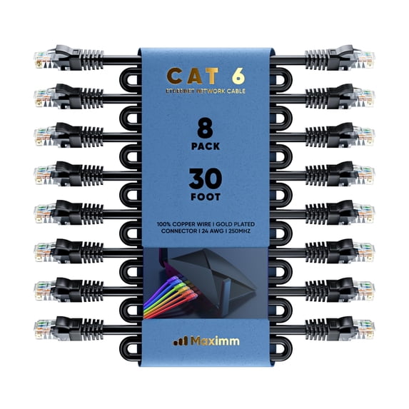 Maximm Cat 6 Ethernet Cable 30 ft (8-Pack) - High-Speed LAN Cable, Internet Cable, Patch Cable, and Network Cable - UTP, 10Gbps, 550MHz Ethernet Cord - Black
