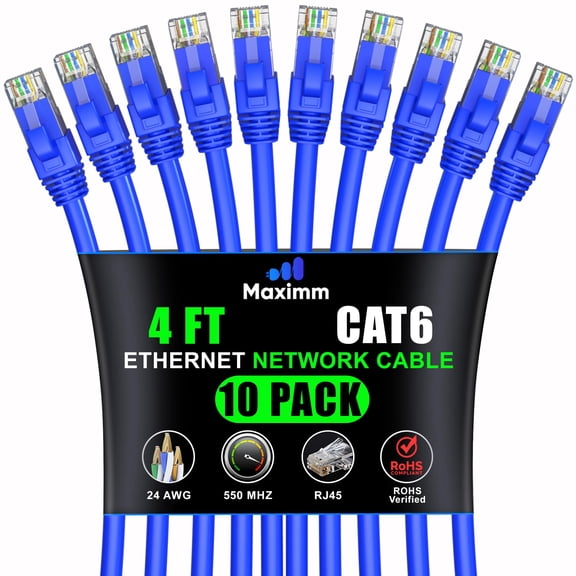 Maximm Cat 6 Ethernet Cable 4 ft (10-Pack) - High-Speed LAN Cable, Internet Cable, Patch Cable, and Network Cable - UTP, 10Gbps, 550MHz Ethernet Cord - Blue