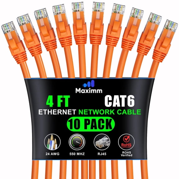 Maximm Cat 6 Ethernet Cable 4 ft (10-Pack) - High-Speed LAN Cable, Internet Cable, Patch Cable, and Network Cable - UTP, 10Gbps, 550MHz Ethernet Cord - Orange