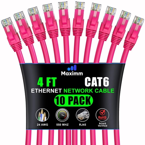 Maximm Cat 6 Ethernet Cable 4 ft (10-Pack) - High-Speed LAN Cable, Internet Cable, Patch Cable, and Network Cable - UTP, 10Gbps, 550MHz Ethernet Cord - Pink
