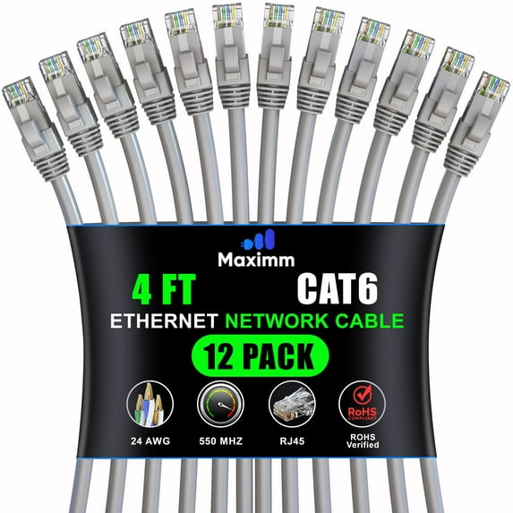 Maximm Cat 6 Ethernet Cable - 4 ft (12-Pack), High-Speed LAN, Internet, Patch, and Network Cable - UTP, 10Gbps, 550MHz Ethernet Cord - Gray
