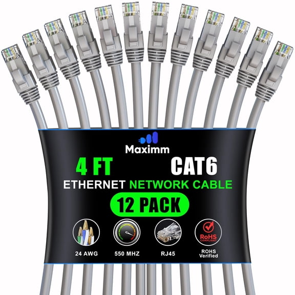Maximm Cat 6 Ethernet Cable, 4 ft LAN Network Patch Cord, 10Gbps High-Speed Internet Cable, Gray, 12-Pack