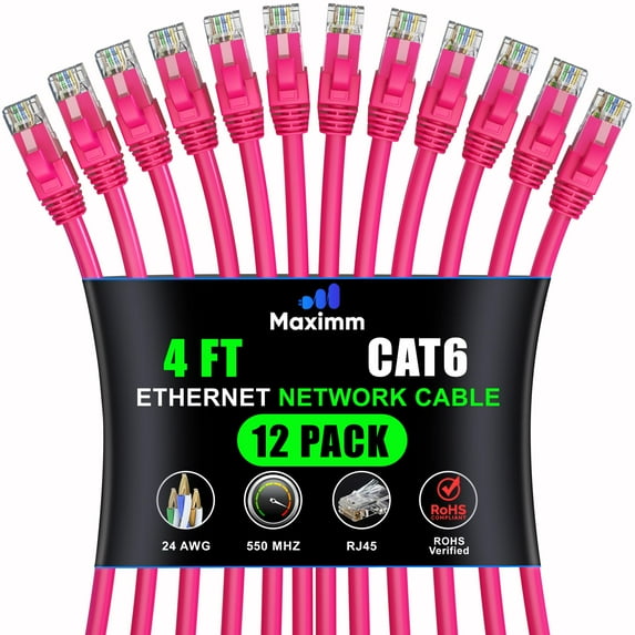 Maximm Cat 6 Ethernet Cable - 4 ft (12-Pack) - High-Speed LAN, Internet, Patch, and Network Cable - UTP, 10Gbps, 550MHz Ethernet Cord - Pink