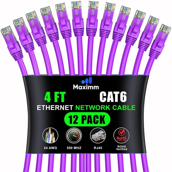 Maximm Cat 6 Ethernet Cable - 4 ft (12-Pack) - High-Speed LAN, Internet, Patch, and Network Cable - UTP, 10Gbps, 550MHz Ethernet Cord - Purple