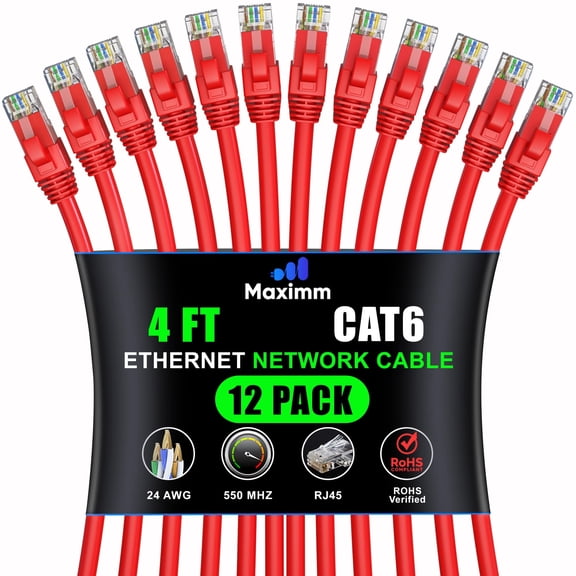 Maximm Cat 6 Ethernet Cable 4 ft (12-Pack), High-Speed UTP Network Cord for Gaming, Office, and Home Internet, Red